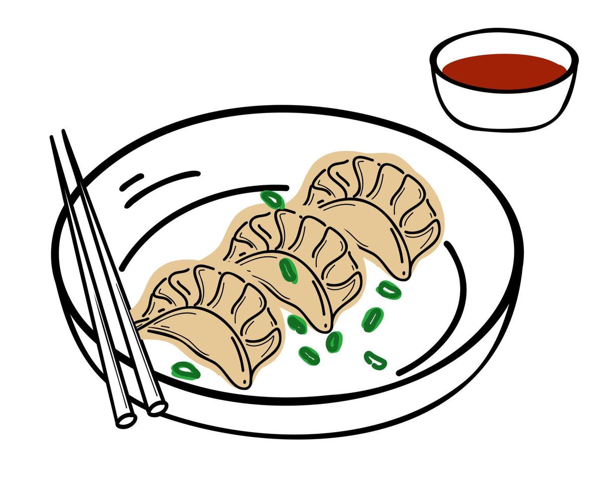 Chinese, Japanese and Korean dumplings on a plate with sauce. Wontons, gyoza, baozi. vector