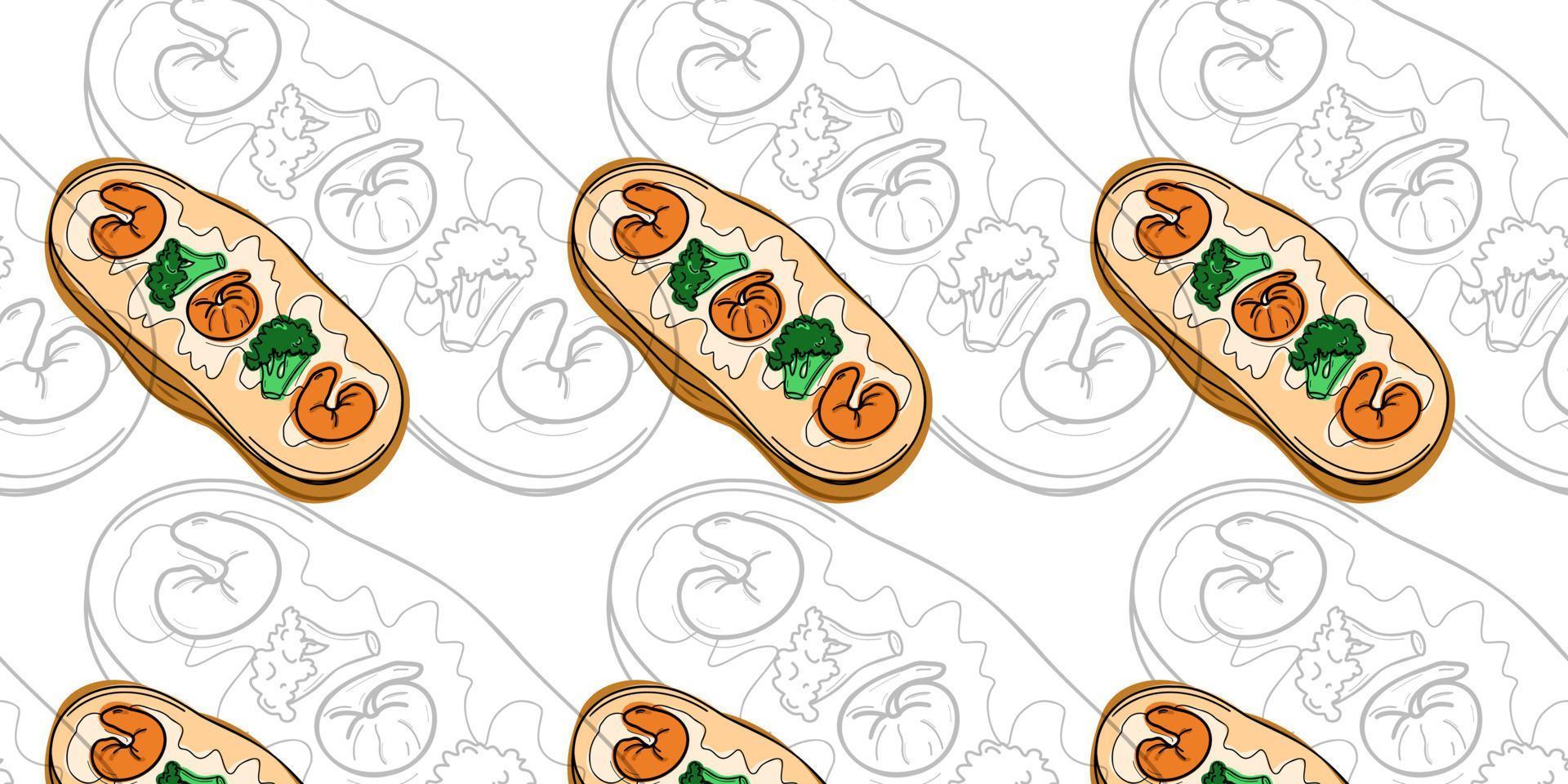 Seamless pattern with Japanese bruschetta with broccoli and shrimp vector