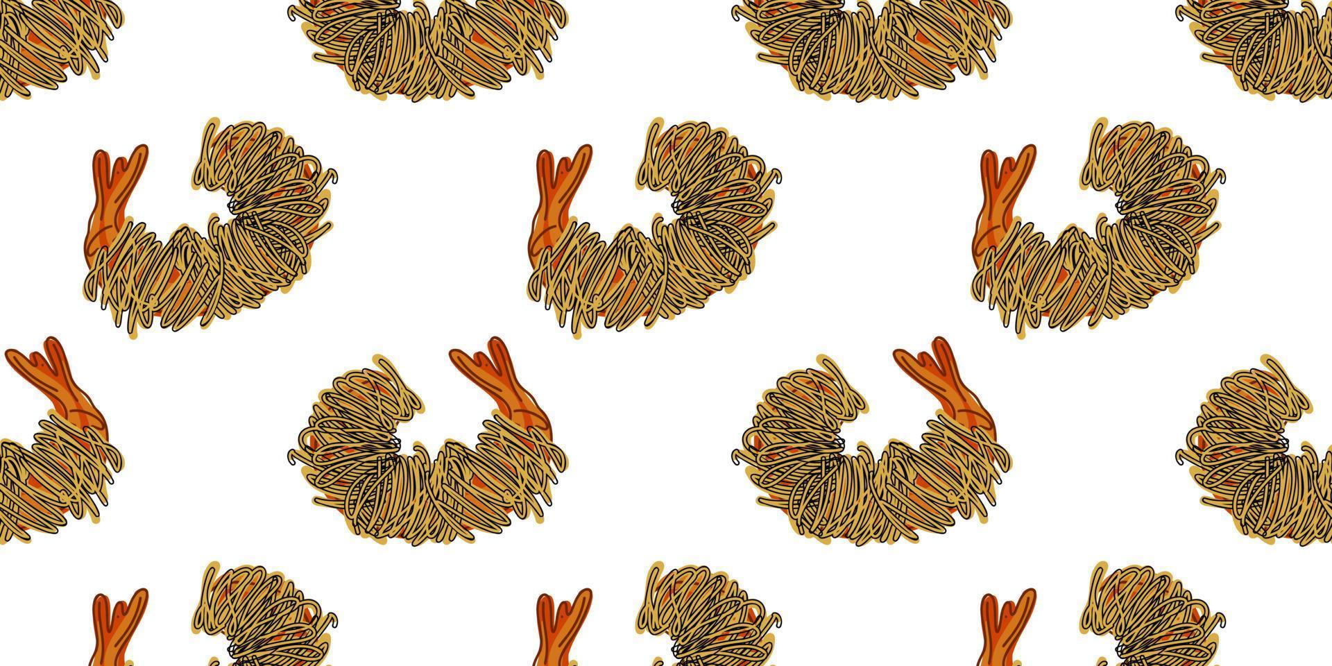 Seamless pattern with fried shrimp wrapped in vermicelli. Thai snack. doodle vector illustration