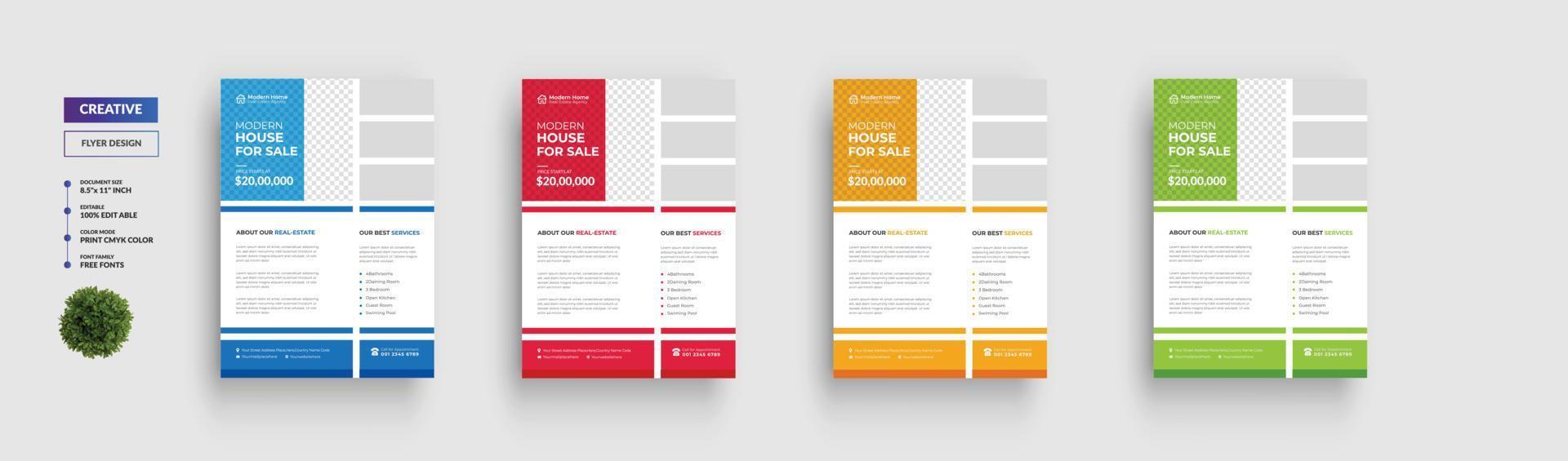 Real Estate Flyer Template Design, Modern Home Sale, Corporate Unique Flyer Design, Vector Flyer, Print Ready Template, 4 colors, Red, Yellow, Green, Blue vector template in A4 size  Vector