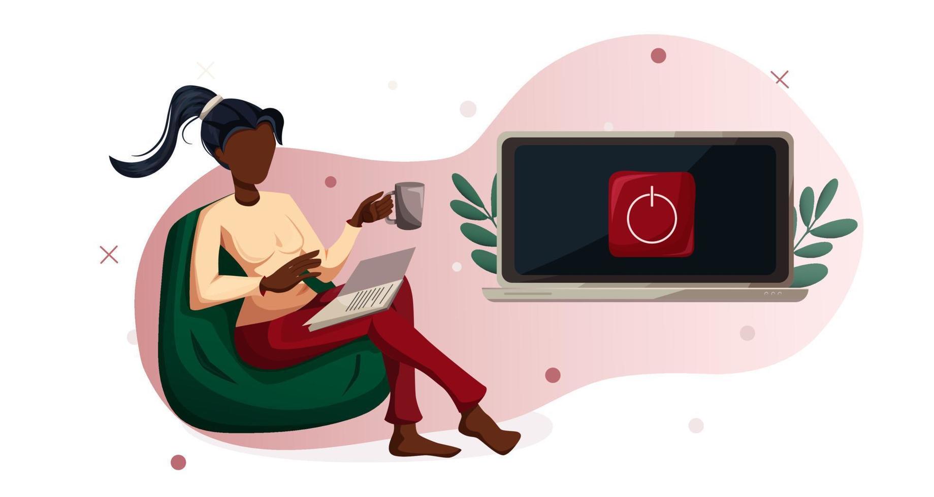 nacional día de desconectando un negro mujer es leyendo un libro, el computadora es convertido apagado. concepto ilustración rechazo de artilugio. vector