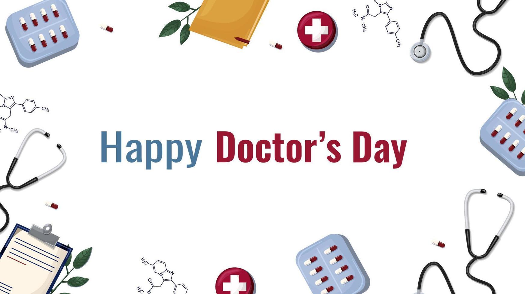 del doctor día. bandera plantilla, tarjeta postal, pastillas, fórmulas, doctores vector, departamento, dibujos animados estilo vector