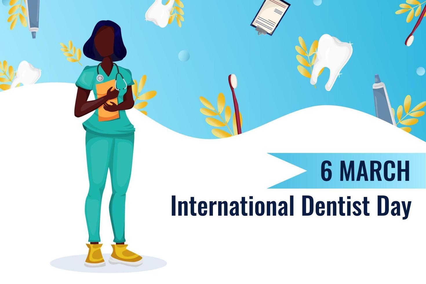 World Dentist Day. Concept illustration Cartoon Doctor in uniform next to a clean tooth. Banner template. Vector. flat style vector