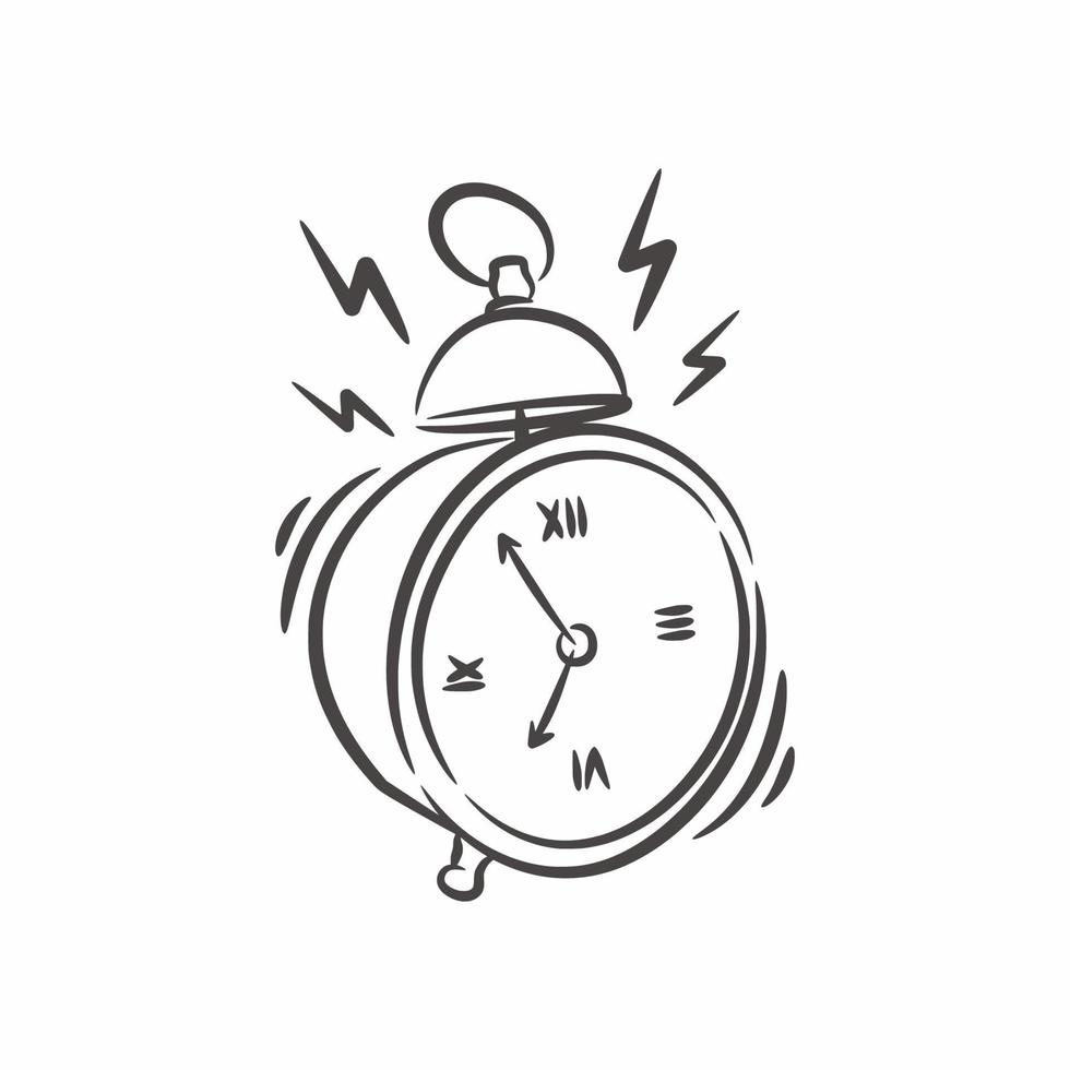 Hand drawn classic ringing alarm clock line art vector