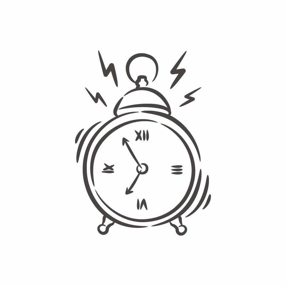 Hand drawn classic ringing alarm clock line art vector