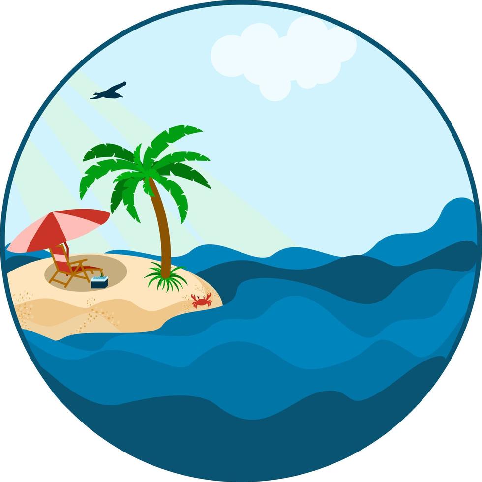 Cartoon style of sea shore. Good sunny day. Deck chair and beach umbrella on the sand coast. vector