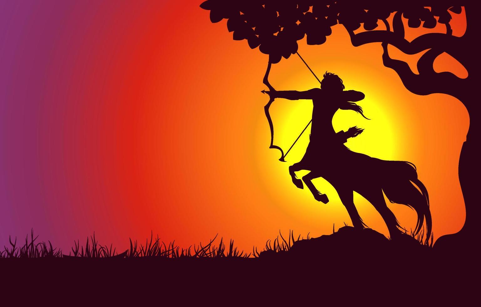 Horoscope symbol next to tree silhouette on sunset landscape background. Vector Eps 10