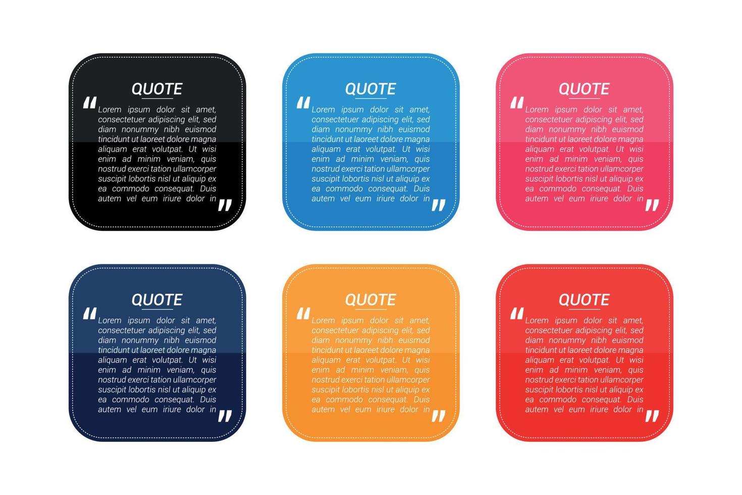 Quote template text placeholder shining design in 6 different colors. vector