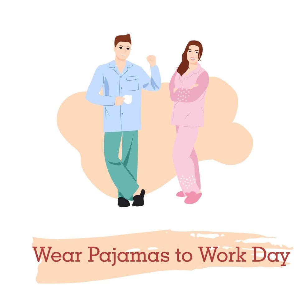 Wear Pajamas to Work Day. Office workers in good mood. April event. Vector illustration. Man and woman in pajamas going to work.
