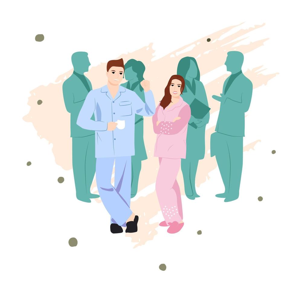 Wear Pajamas to Work Day. Office workers in good mood. April event. Vector illustration. Man and woman in pajamas going to work. Cartoon business people.