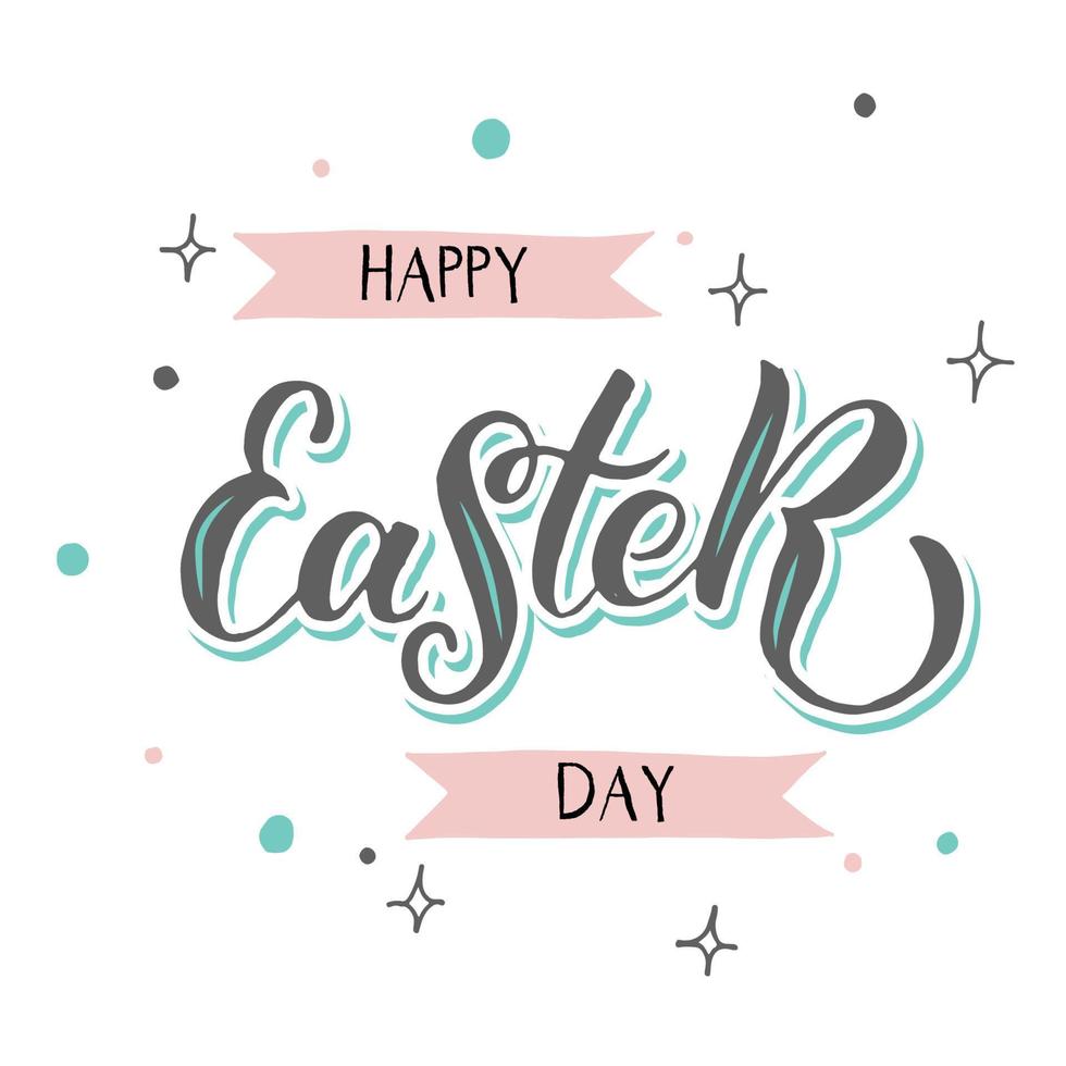 Happy Easter day greeting card. Vector illustration. Dots and stars background. Hand drawn text lettering for spring holiday.