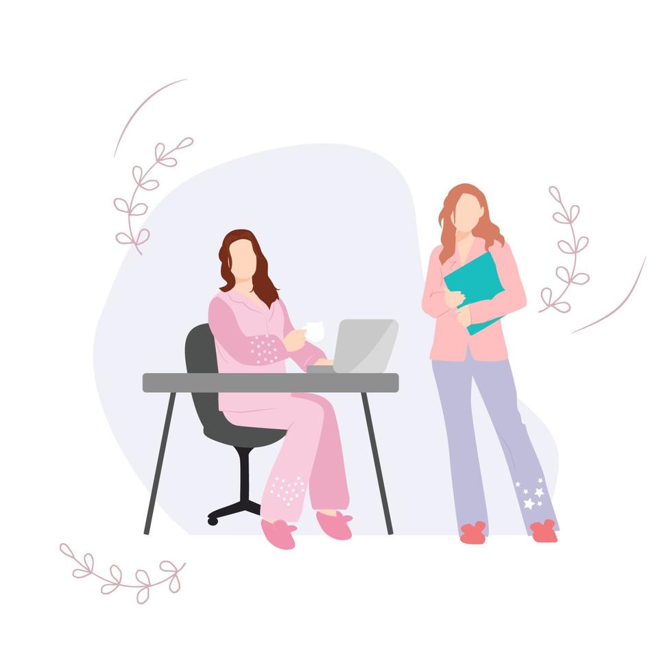 Wear Pajamas to Work Day. Vector illustration.Office workers in good mood.   Two women working in office. Cartoon business people.