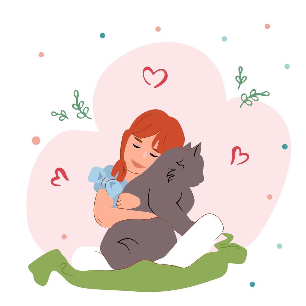 Girl hugging a fluffy cat. Cat love. Vector illustration for National Pet Month.