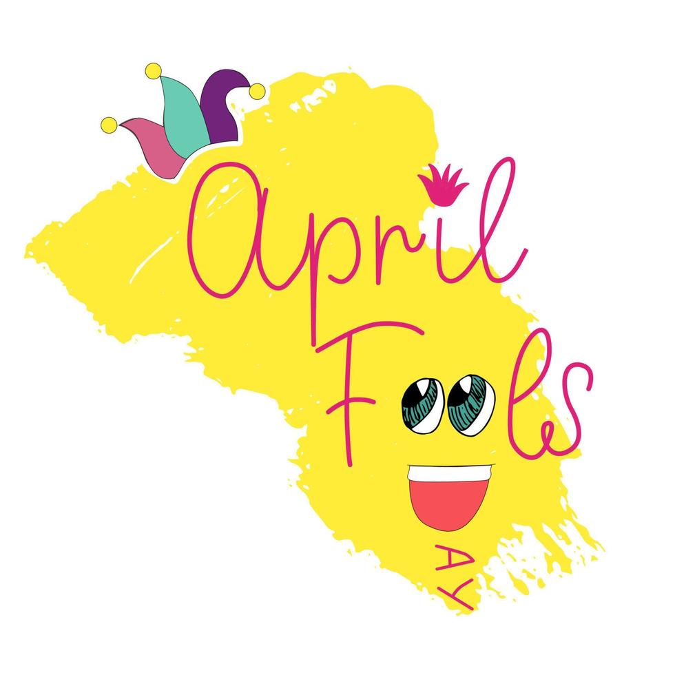 April fools day lettering for greeting card, banner, print. Harlequin hat and bubbles. Funny face. Yellow textured background. vector