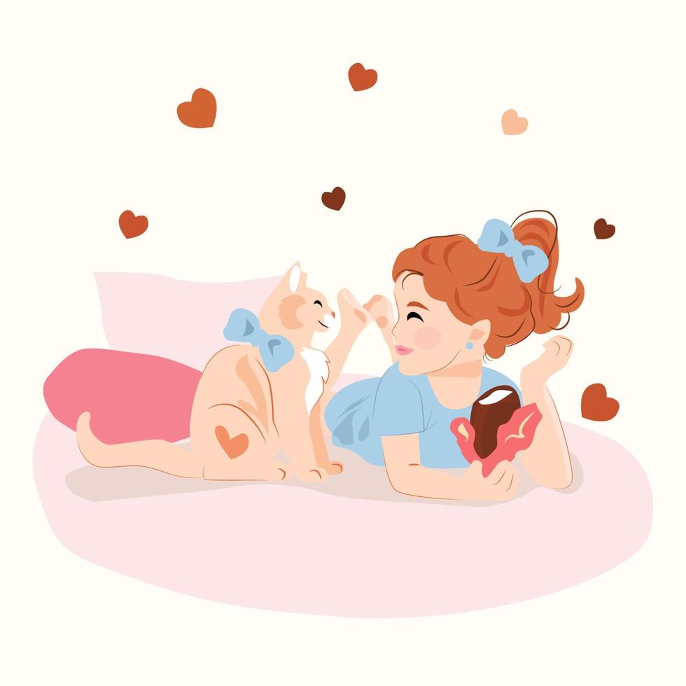 Vector illustration for National Pet Month, cat fidelity day, cat day. Girl eating ice cream with her pet  on bed. Hearts background. Cute cat and a girl.