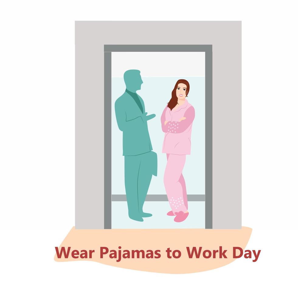 Wear Pajamas to Work Day. Office workers in good mood. April event. Vector illustration. Man and woman in pajamas going to work. Cartoon business people in elevator with open doors.