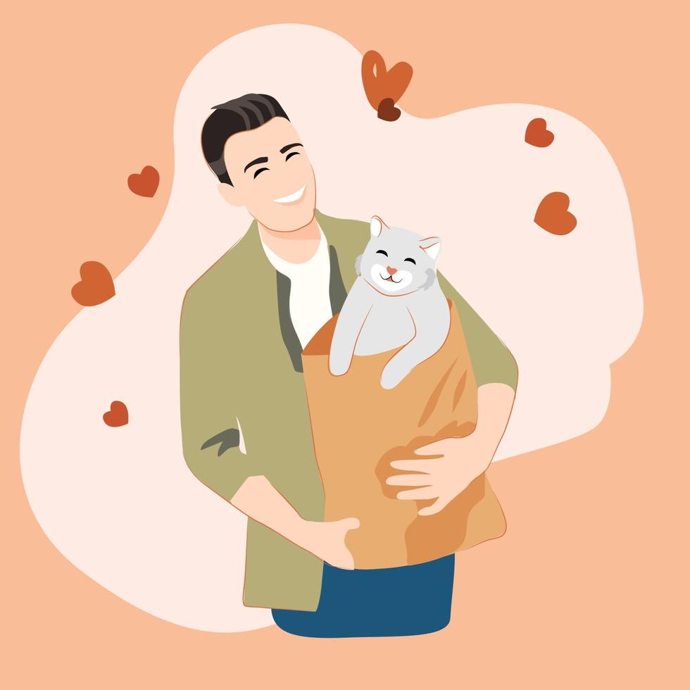 Vector illustration for National Pet Month, cat fidelity day, cat day. Man holds a cat in paper bag. Hearts background. Cute guy and his cat.
