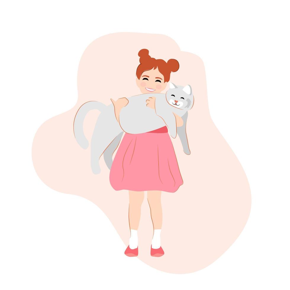 Vector illustration for National Pet Month, cat fidelity day, cat day. Girl hugging her cat. Hearts background. Cute girl and a pet.