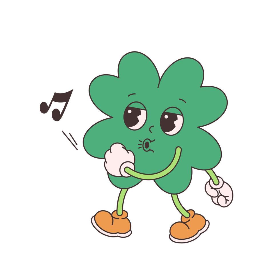 Trendy retro cartoon character clover with four leaf. Happy Saint Patrick's Day. Groovy style, vintage, 70s 60s aesthetics. vector