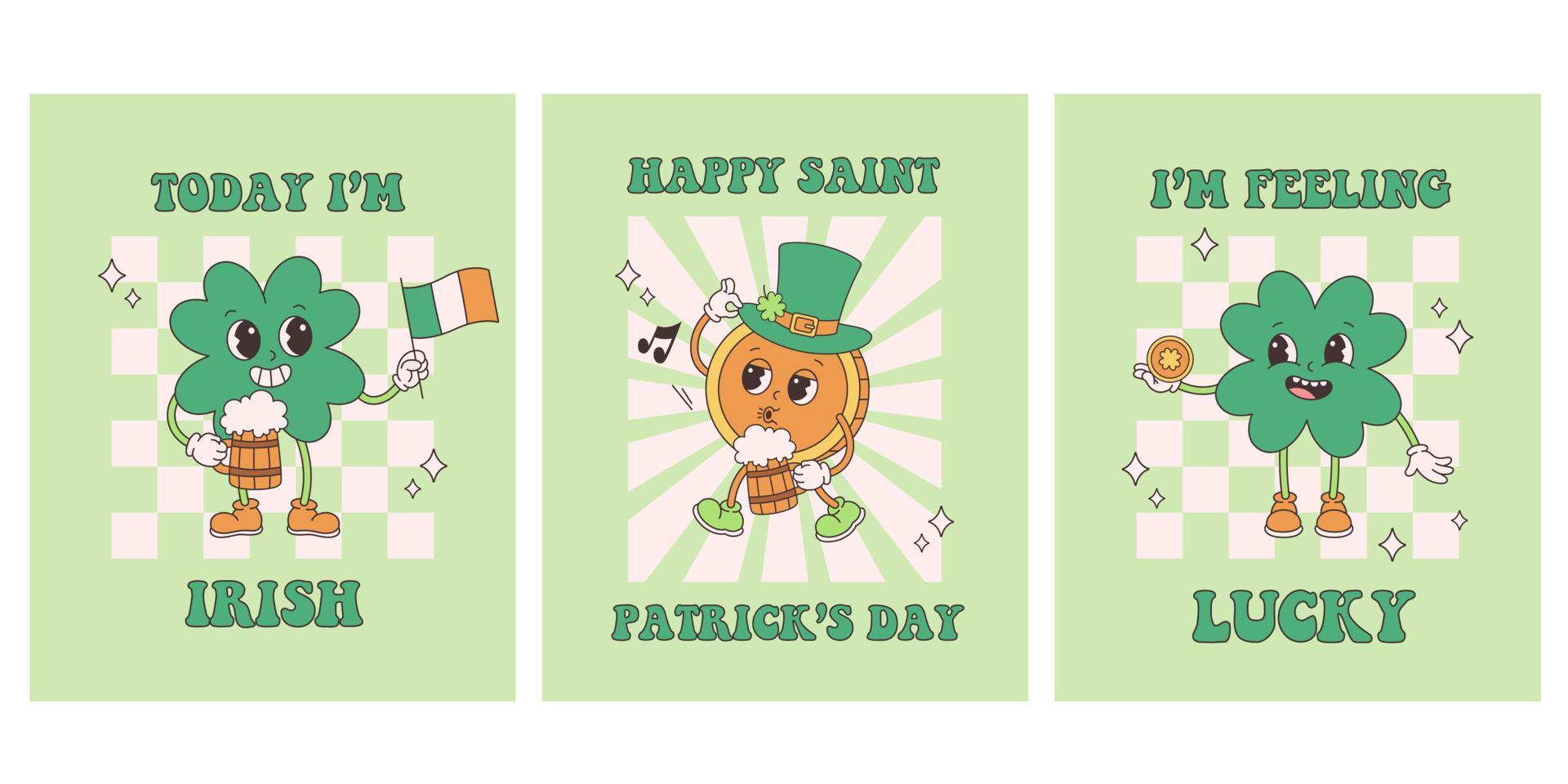 Happy Saint Patricks Day greeting cards. Trendy retro cartoon characters Clover with four leaf and Gold Coin. Groovy style, vintage, 70s 60s aesthetics vector