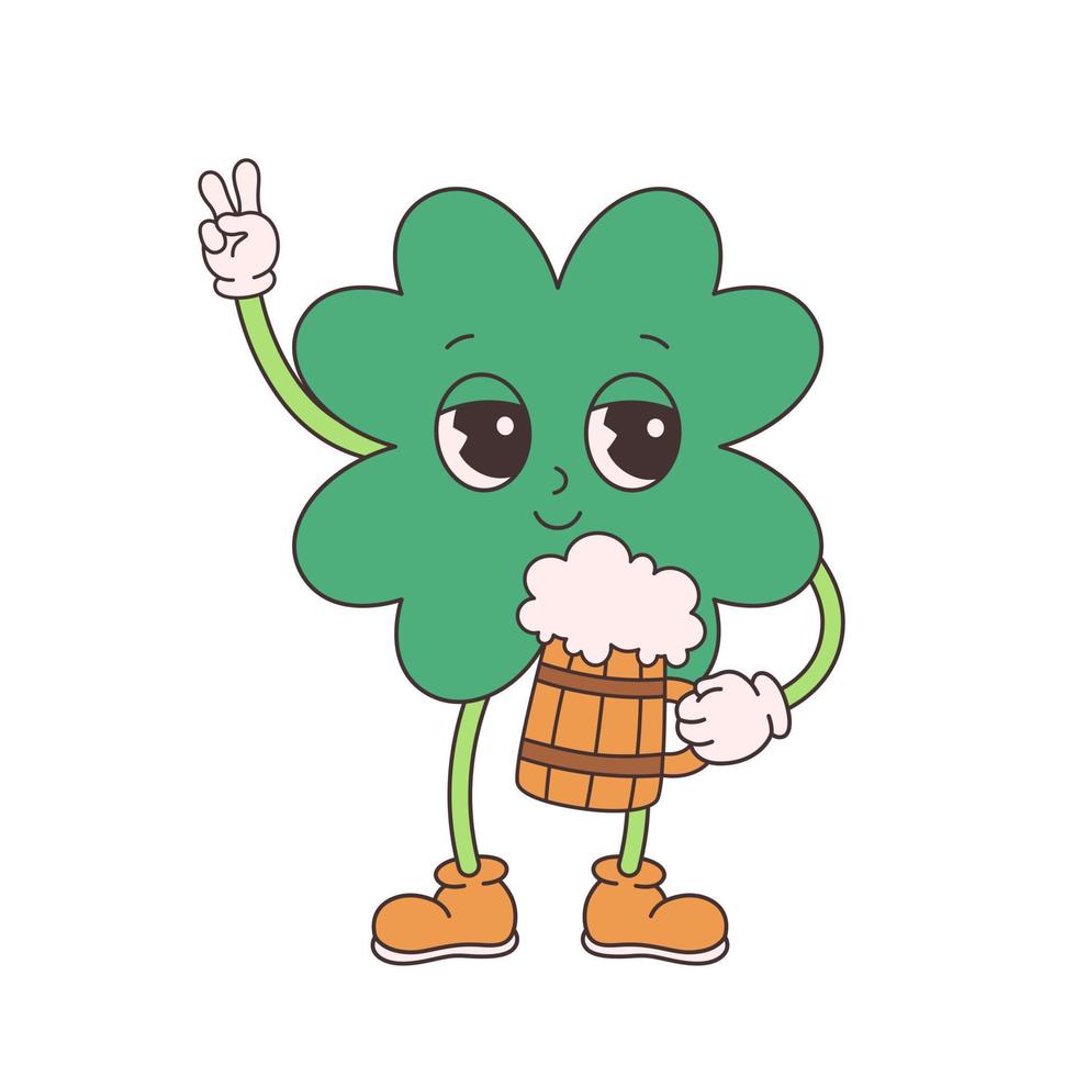 Trendy retro cartoon character four leaf clover with beer mug. Happy Saint Patricks Day. Groovy style, vintage, 70s 60s aesthetics vector