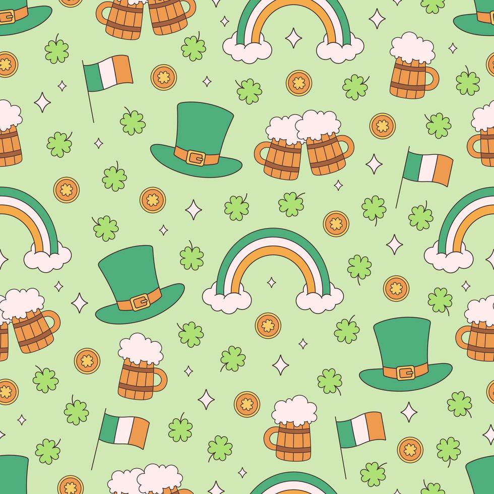 Saint Patrick's Day seamless pattern. Retro rainbow, beer mugs, cylinder hat, shamrock, gold coins. Groovy style, vintage, 70s 60s aesthetics. vector