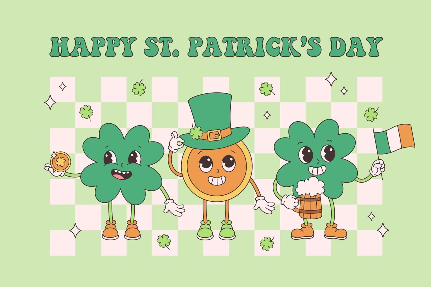 Trendy retro cartoon character gold coin and clover with four leaf. Happy Saint Patricks Day. Groovy style, vintage, 70s 60s aesthetics vector