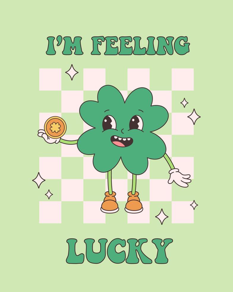 Trendy retro cartoon character clover with four leaf and gold coin. Happy Saint Patrick's Day. Groovy style, vintage, 70s 60s aesthetics vector