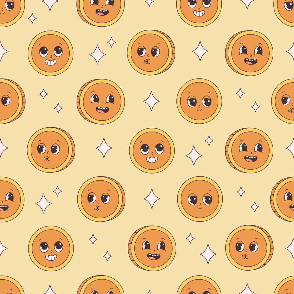 Seamless pattern with gold coin character. Groovy style, retro, vintage, 70s 60s aesthetics. vector