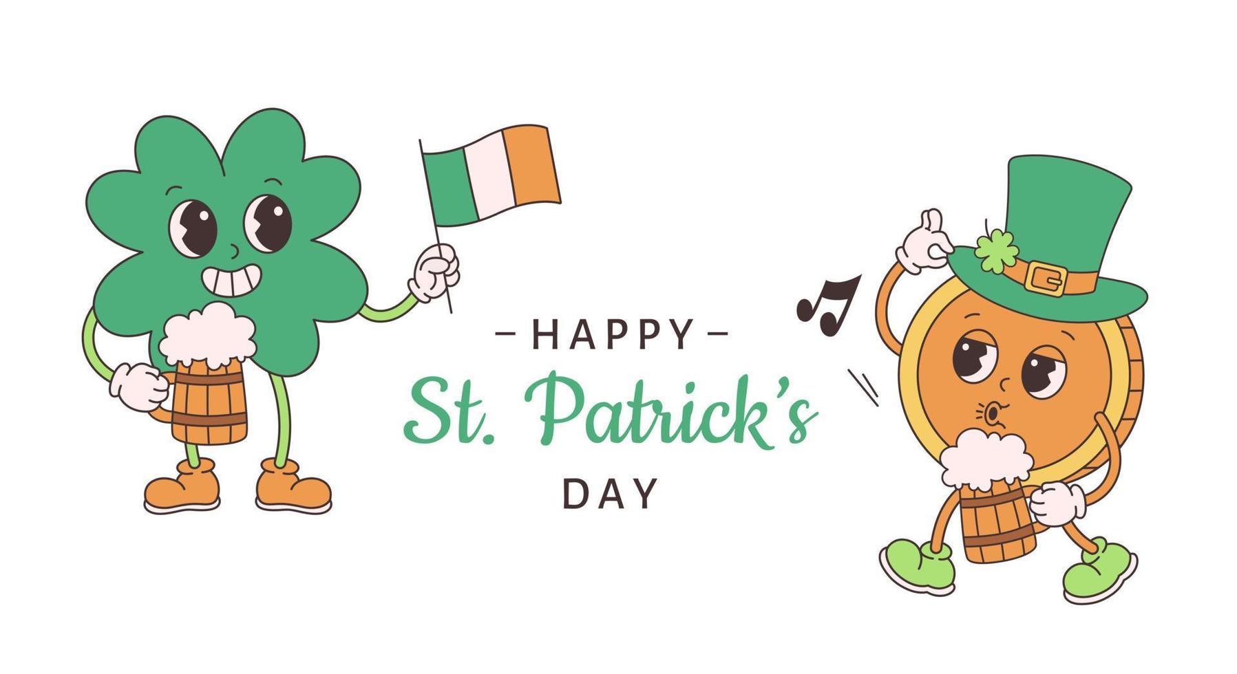 Trendy retro cartoon character gold coin and clover with four leaf. Happy Saint Patricks Day greeting card. Groovy style, vintage, 70s 60s aesthetics. vector