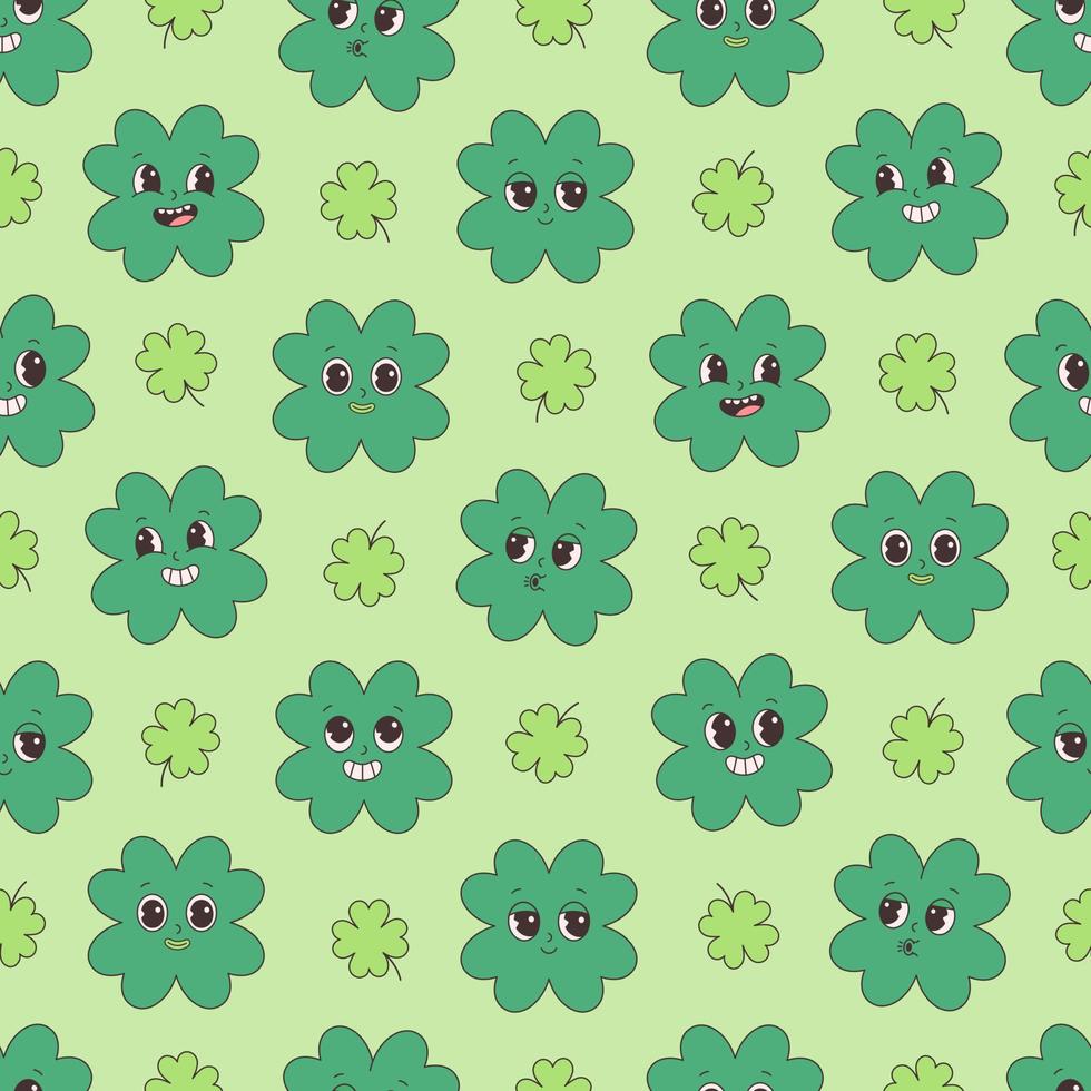 Saint Patricks Day seamless pattern.Trendy retro cartoon character clover with four leaf. Groovy style, vintage, 70s 60s aesthetics vector