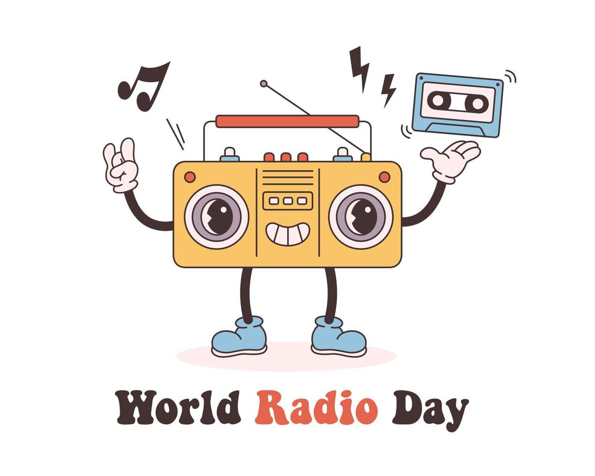 Trendy retro cartoon Radio character. Cassette player. World Radio Day. Groovy style, vintage, 80s, 90s aesthetics. vector