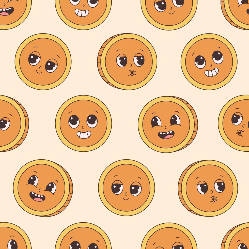 Seamless pattern with gold coin character. Groovy style, retro, vintage, 70s 60s aesthetics. vector