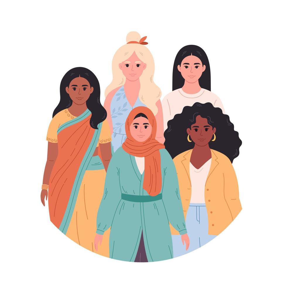 Women of different races, nationalities. International Women's Day. Feminism and women equality, empowerment. vector