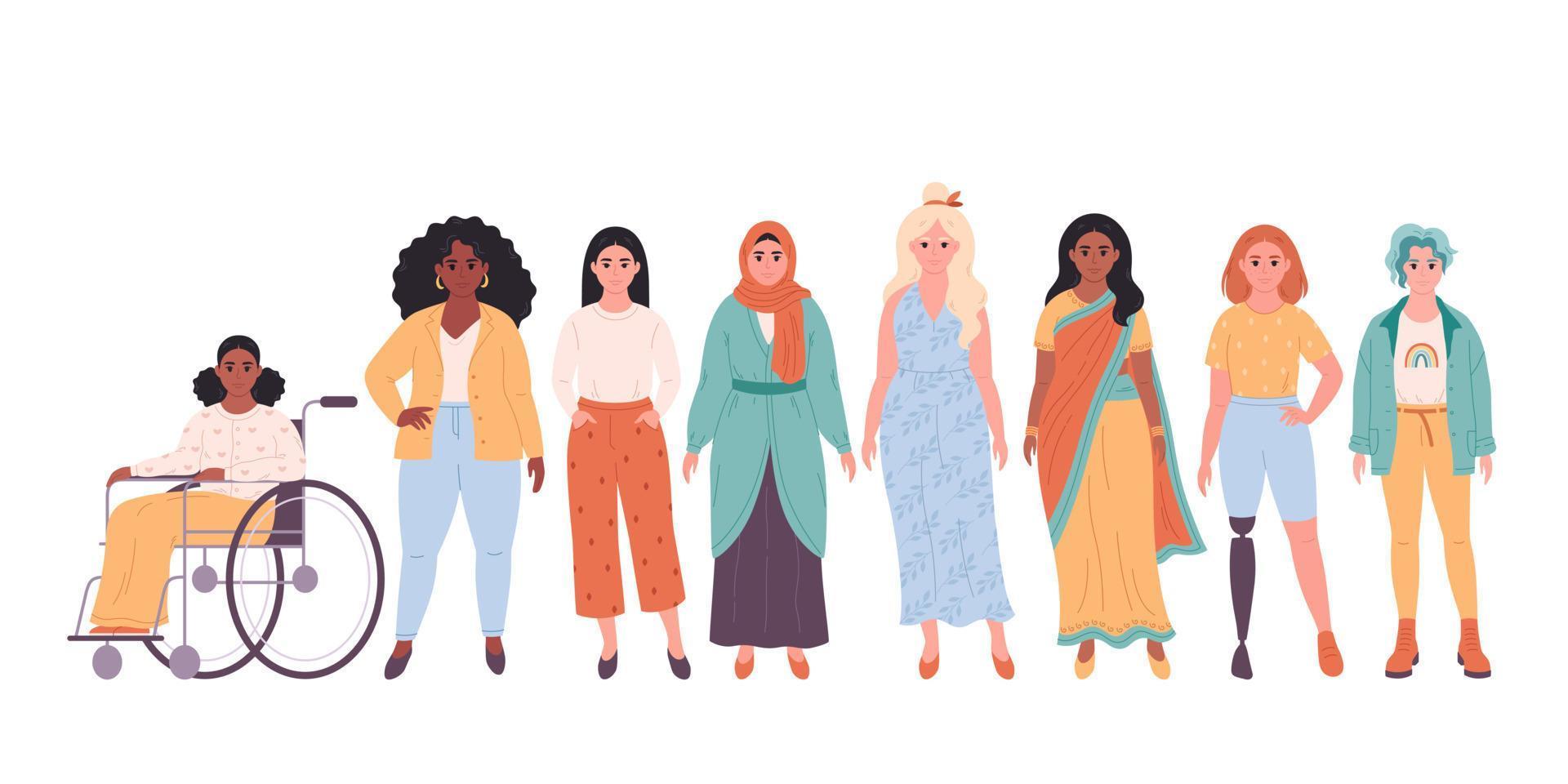 multitud de mujer de diferente Razas, nacionalidades, siglos, cuerpo tipos internacional De las mujeres día. social diversidad de personas en moderno sociedad. vector