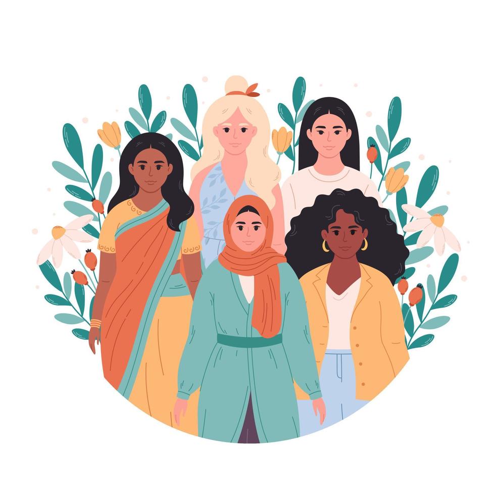 Women of different races, nationalities. International Women's Day. Feminism and women equality, empowerment. vector