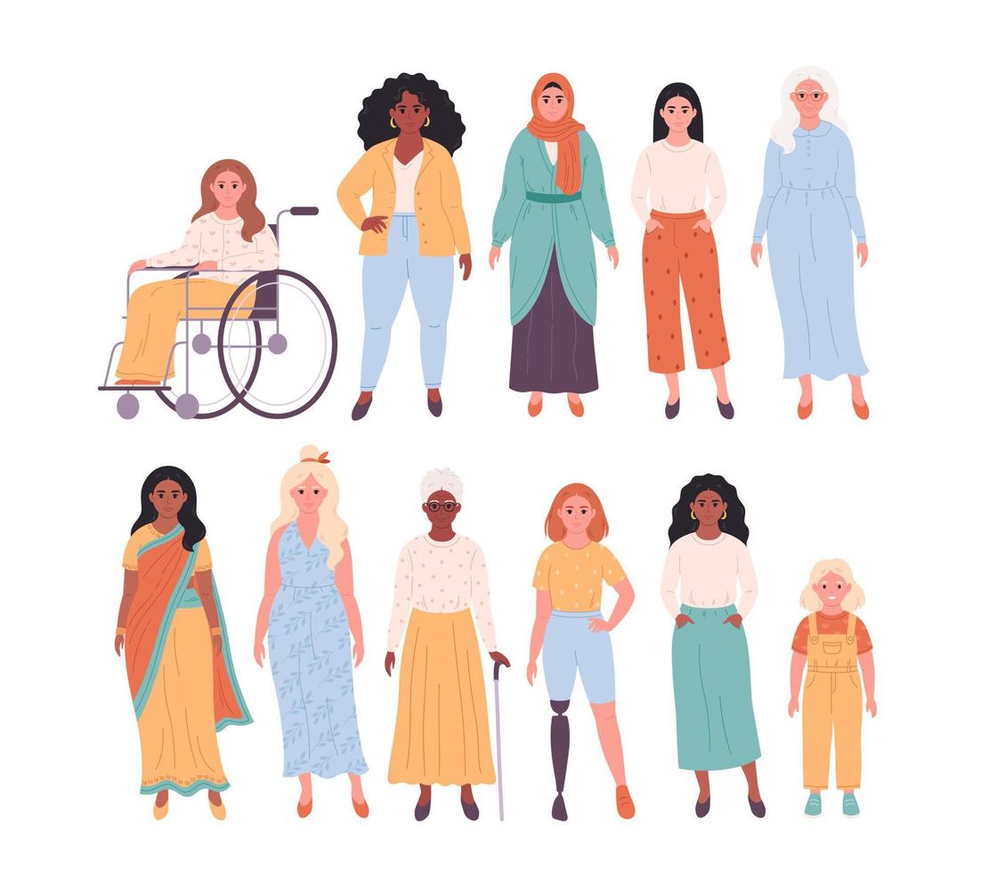 multitud de mujer de diferente Razas, nacionalidades, siglos, cuerpo tipos internacional De las mujeres día. social diversidad de personas en moderno sociedad. vector