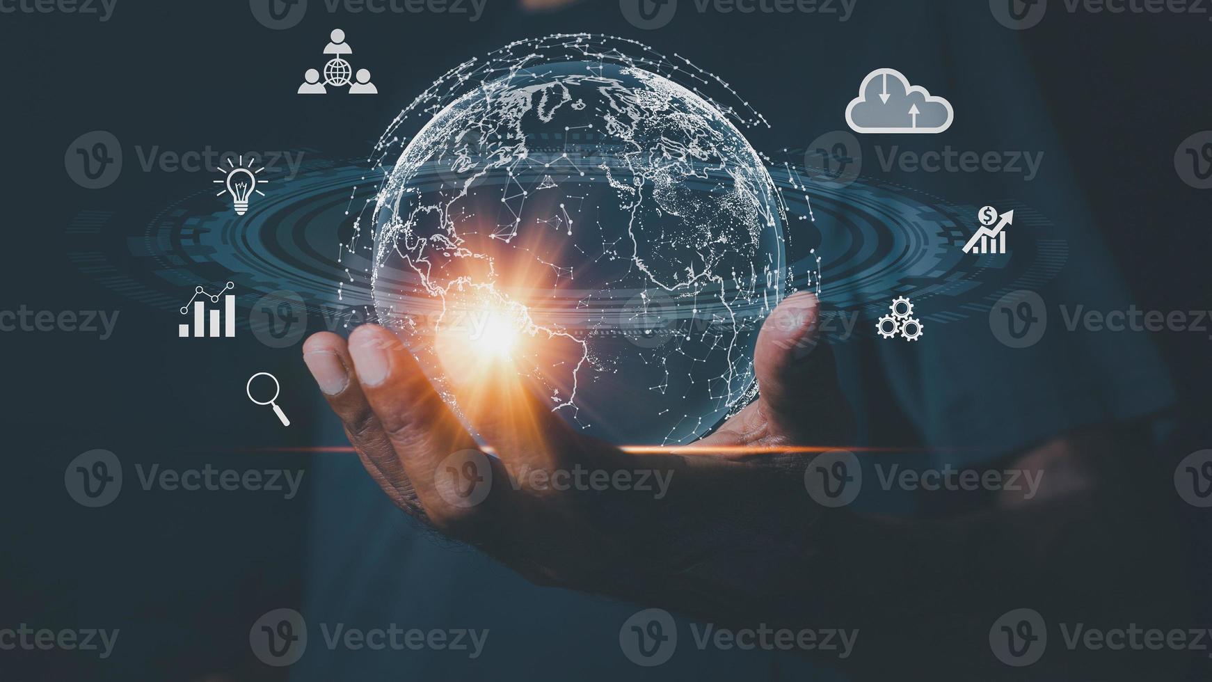 Man hand holding virtual Global Internet connection metaverse. Business global internet connection application technology and digital marketing, Financial and banking, Digital link tech, big data. photo