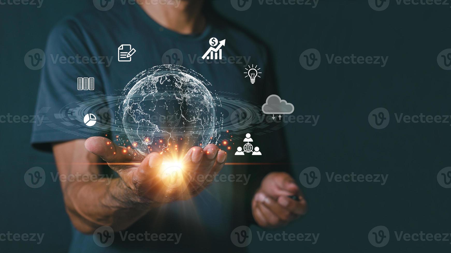man Hand holding virtual Global Internet connection metaverse. Business global internet connection application technology and digital marketing, Financial and banking, Digital link tech, big data. photo