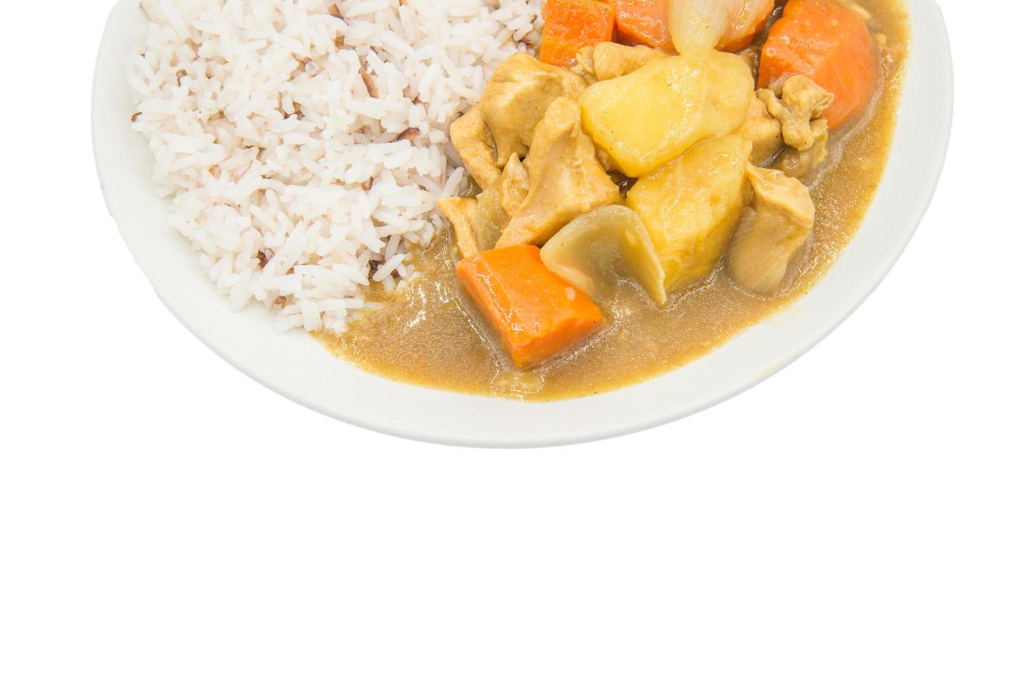 japonés pollo curry en aislado antecedentes. japonés curry es un grueso curry con un estofado consistencia y comúnmente incluye un proteína, dulce cebollas, zanahorias, y papas. foto