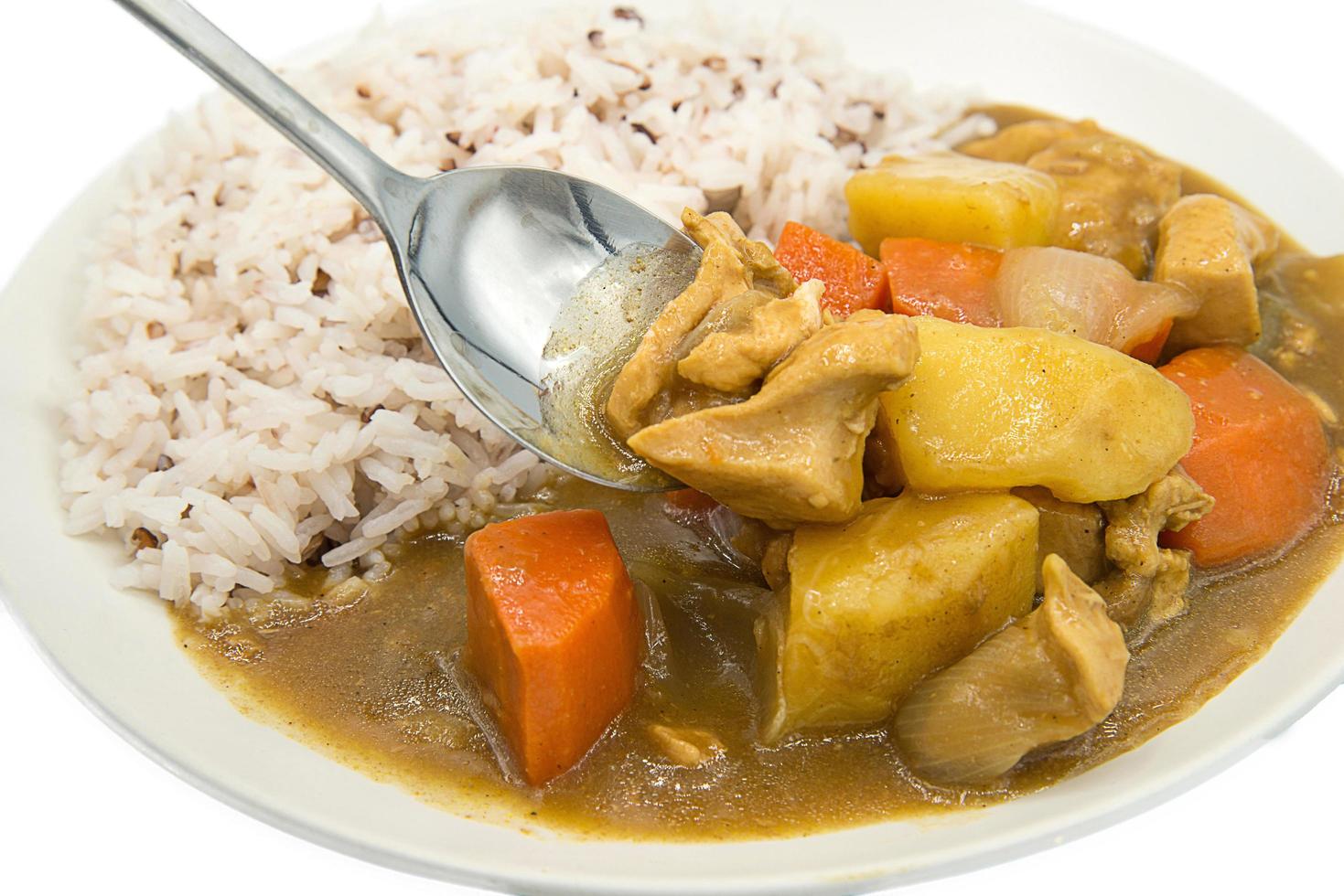 japonés pollo curry en aislado antecedentes. japonés curry es un grueso curry con un estofado consistencia y comúnmente incluye un proteína, dulce cebollas, zanahorias, y papas. foto