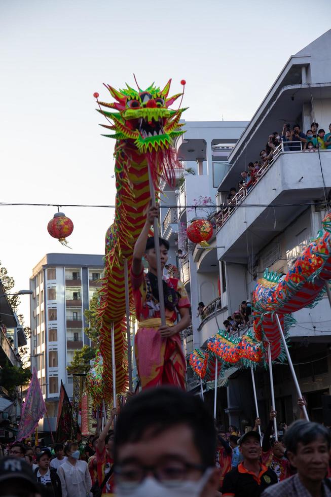 Ho Chi Minh city,Vietnam, 2023,Lunar New Year celebration - The dragon dance, beautiful colorful festive figure. Tet holiday background. Chinese Lunar New Year's Day, Spring Festival. photo