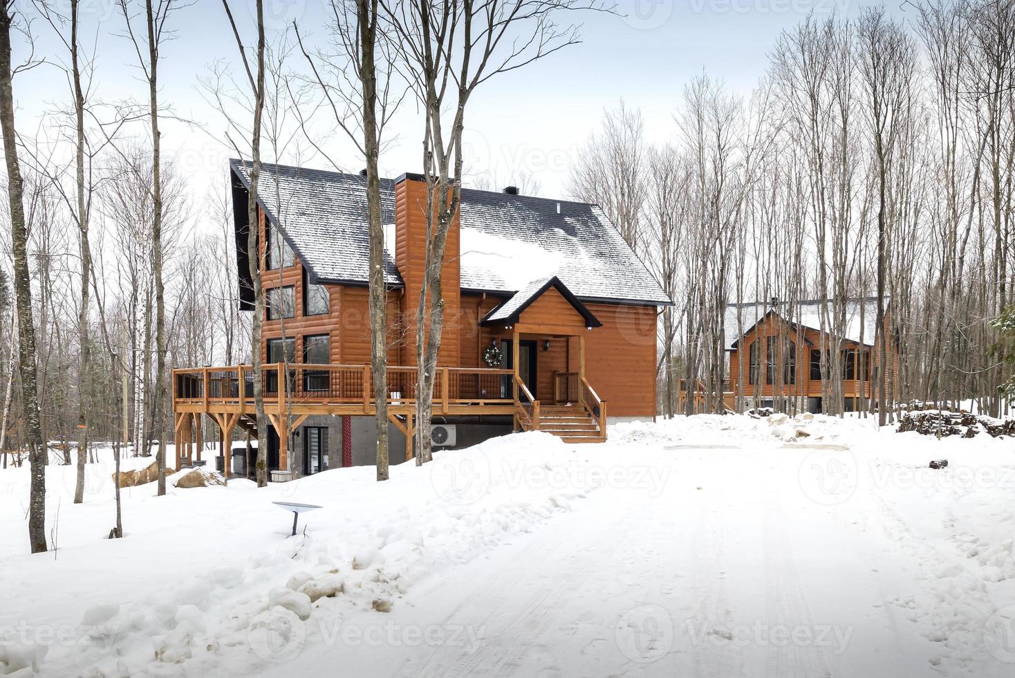 invierno cabañas en remoto zona quebec, Canadá, Iniciar sesión casa con sauna, spa, dormitorios, piscina, vivo habitación, mesanina, cocina y baños foto