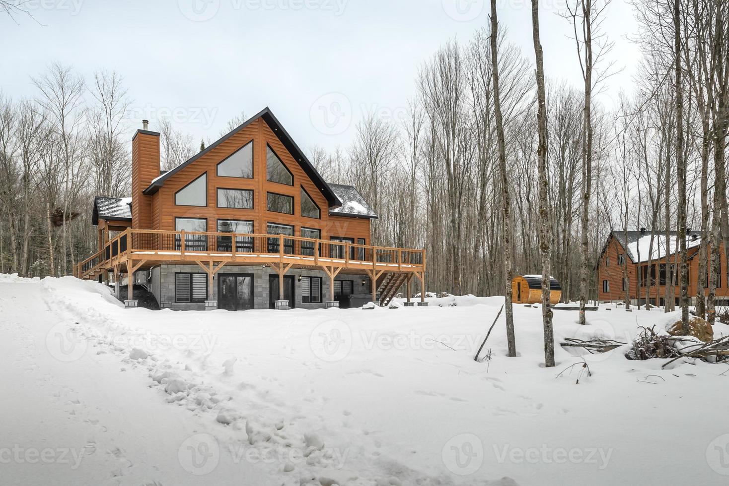 invierno cabañas en remoto zona quebec, Canadá, Iniciar sesión casa con sauna, spa, dormitorios, piscina, vivo habitación, mesanina, cocina y baños foto