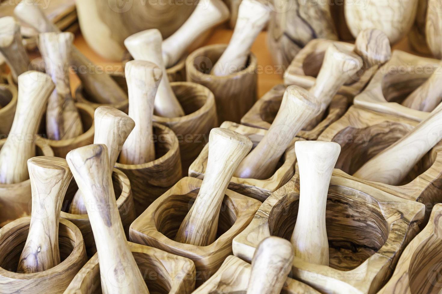 Wooden mortars in a market photo