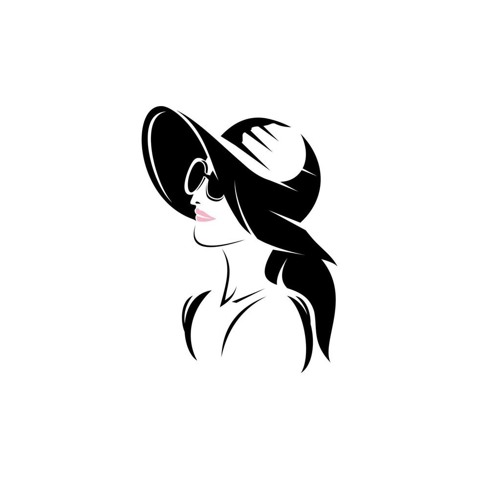 Elegant woman wearing hat vector illustration - black and white stylized portrait of a beautiful girl with long hair. Suitable for your design need, logo, illustration, animation, etc.