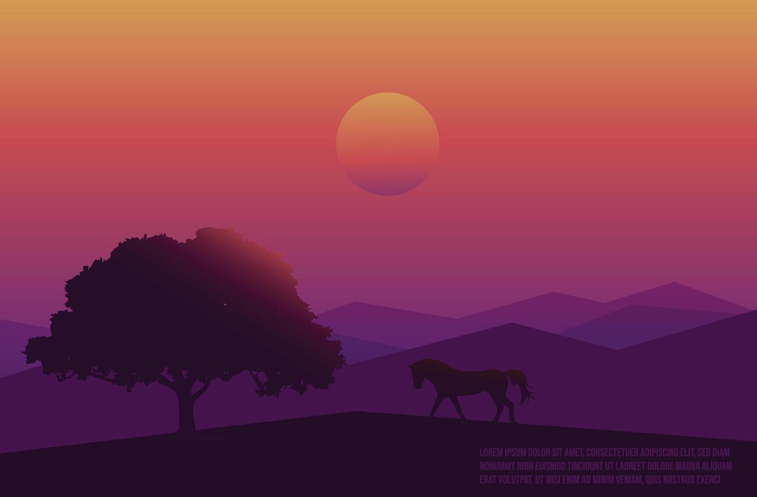 caballo puesta de sol paisaje ilustración vector