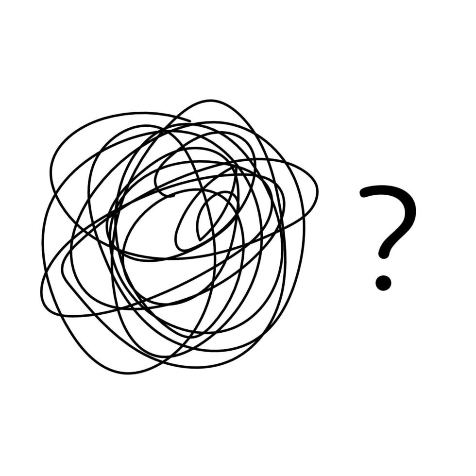 Round scrawl tangle with question mark. Abstract scribble confusion vector illustration. Hand drawn sketch doodle style. Concept of doubt and problem solution.