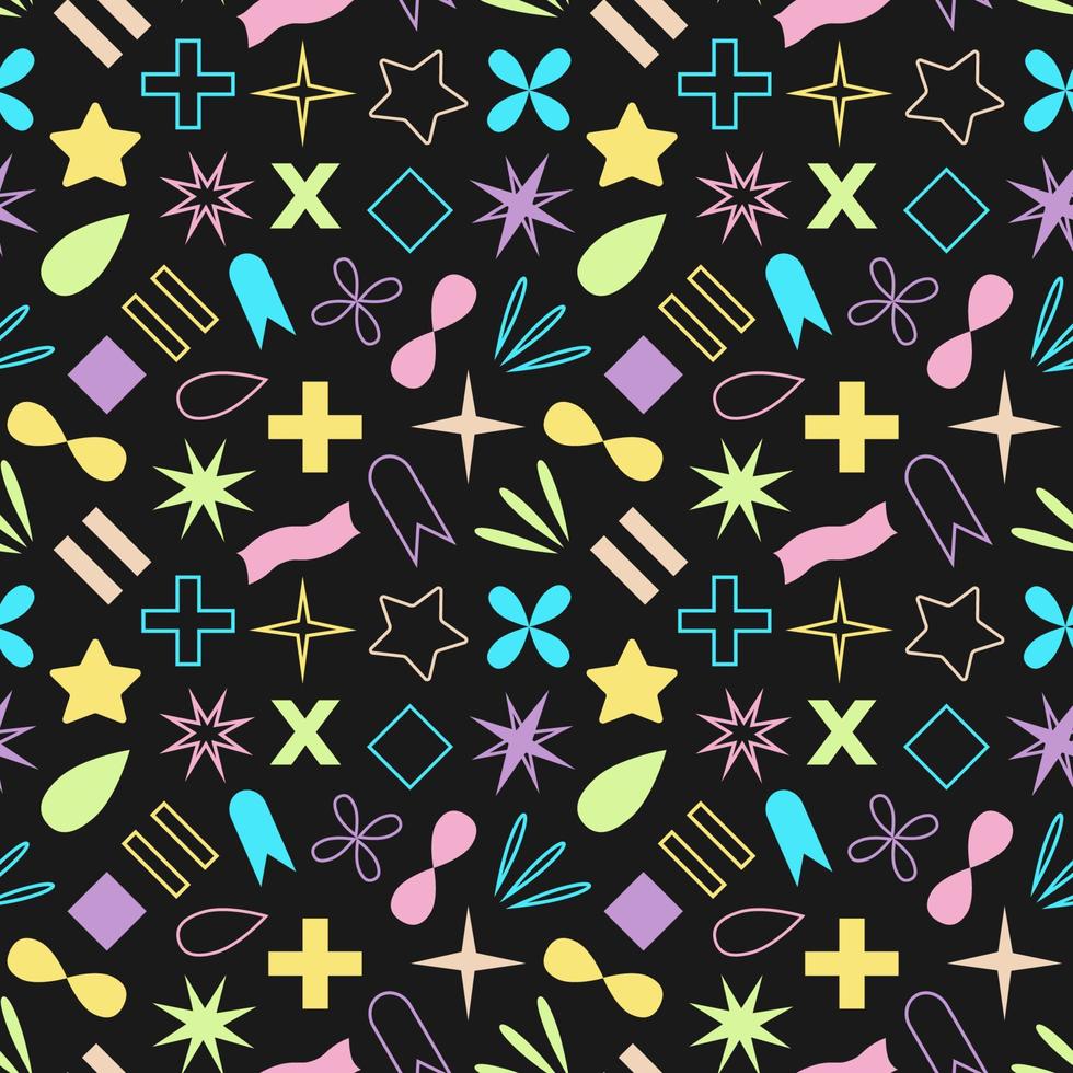 Multicolored abstract geometric seamless pattern on dark background. Vector illustration of icons and symbols. Simple shapes.