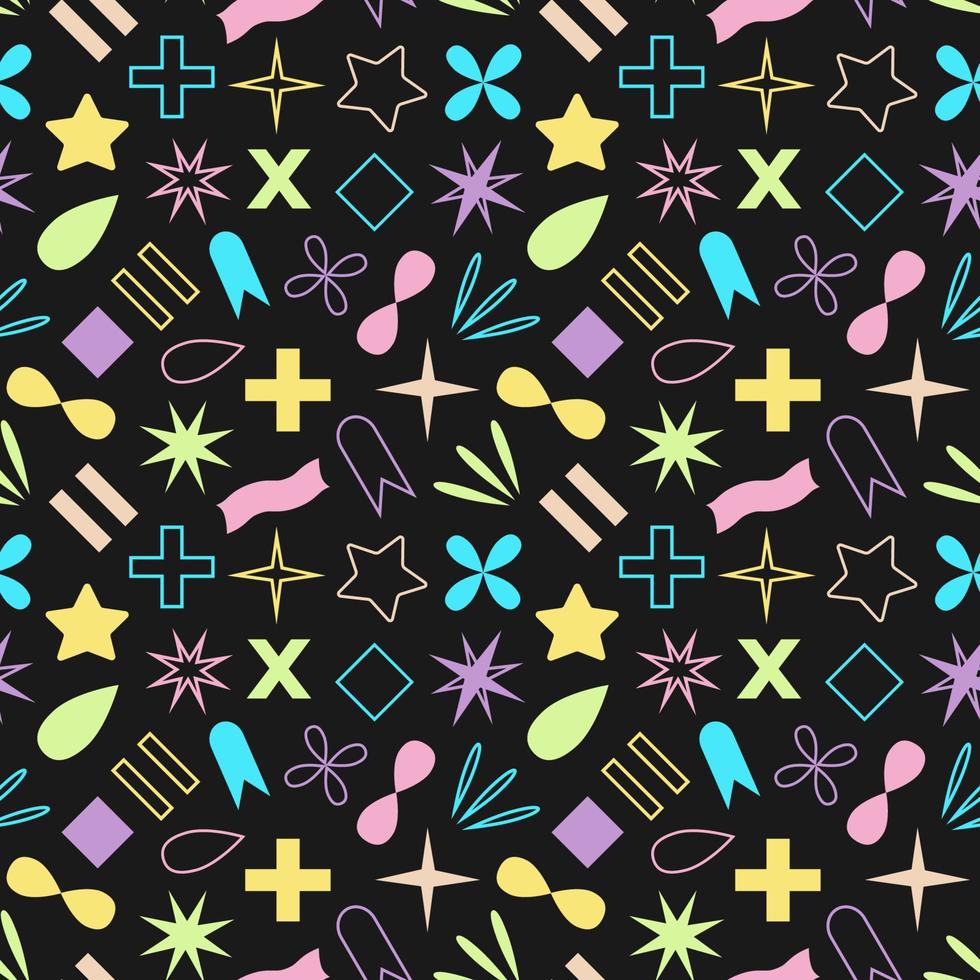 Multicolored abstract geometric seamless pattern on dark background. Vector illustration of icons and symbols. Simple shapes.